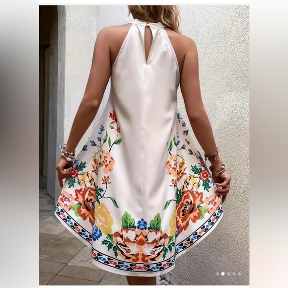 Floral Print Ruched Dress, Elegant Sleeveless Keyhole Summer Dress - Picture 2 of 5